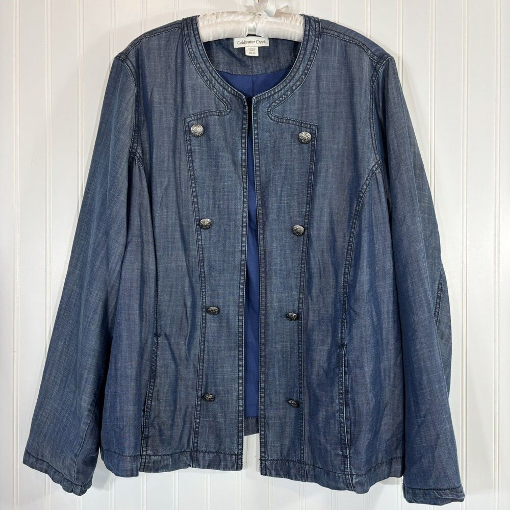 Coldwater Creek Women Chambray Denim Jacket Size 20-22 Spring Military Chic Blue - Picture 1 of 13